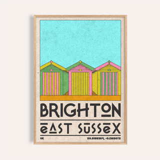Framed Brighton Travel Print with colourful retro beach huts and text detail close-up