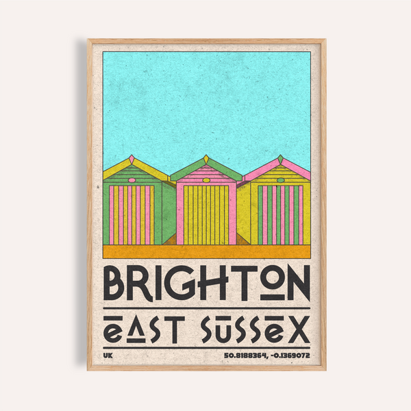 Brighton Travel Print showing three striped beach huts and bold location type
