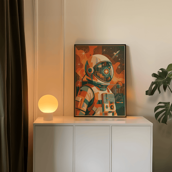 Retro Astronaut Poster in Green and Orange perfect for bedroom decor