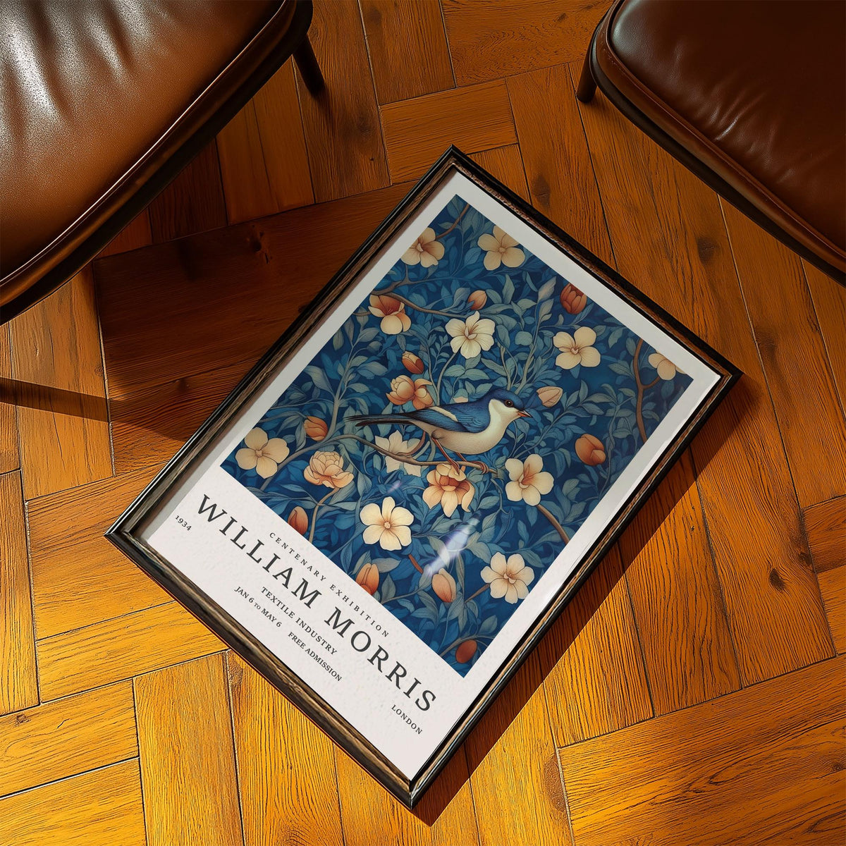 Blue and cream William Morris art print featuring detailed florals and a soft-toned bird.