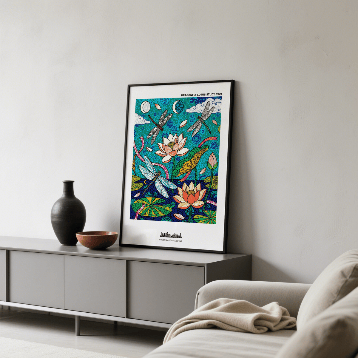 Close-up of Dragonfly Lotus Art Print with lotus flower petals and dotted textures