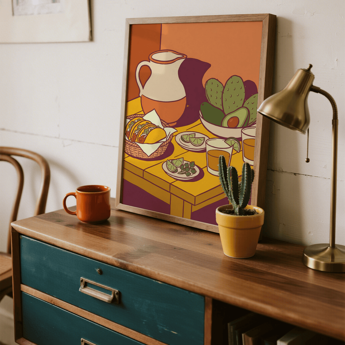 Kitchen wall art Taco Art Print with Orange table and Green avocado