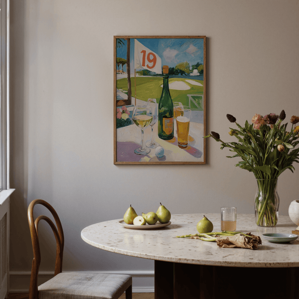 Watering Hole Golf Art Print with central bottle silhouette, glasses, and course-side bunker in the distance