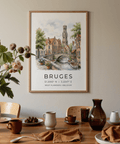 Vintage-style canal bridge poster depicting Bruges buildings and flower boxes