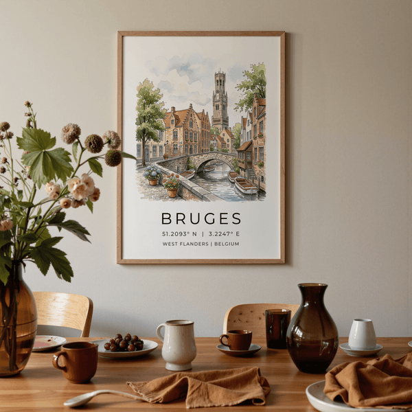 Vintage-style canal bridge poster depicting Bruges buildings and flower boxes