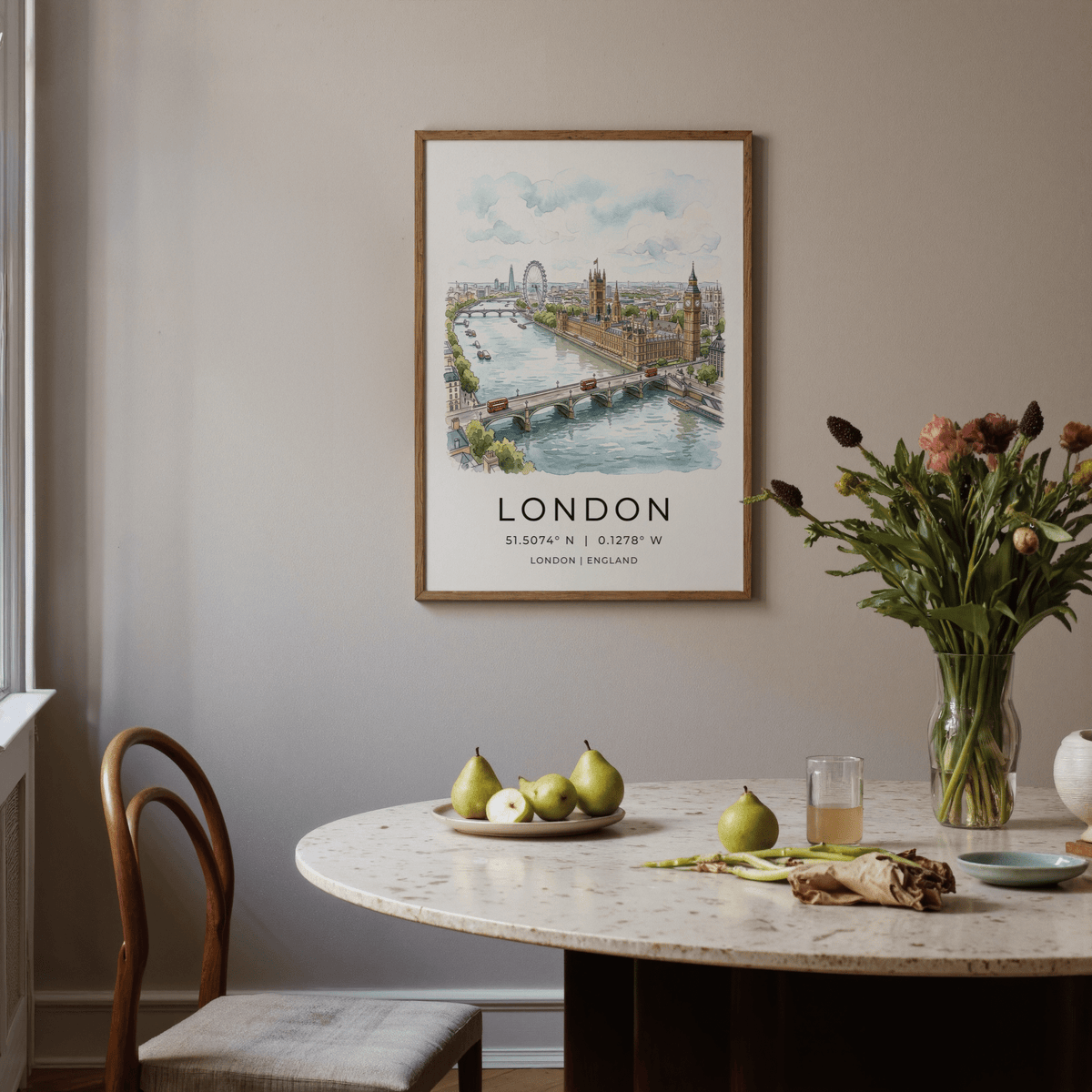 City skyline poster with Thames river bend, landmarks, and cloudy sky