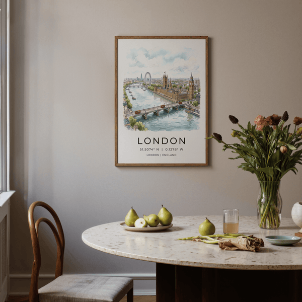 City skyline poster with Thames river bend, landmarks, and cloudy sky