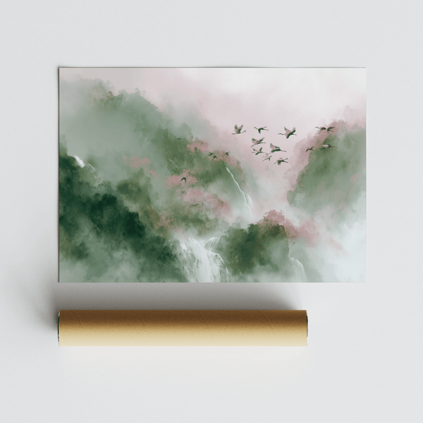 Watercolor Bird Print, Green and Pink colors, ideal for study art print