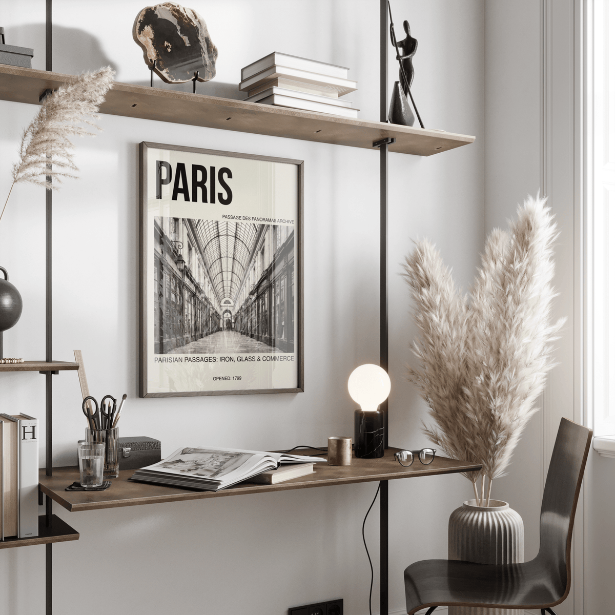Framed print on office wall featuring long tiled corridor and hanging lanterns