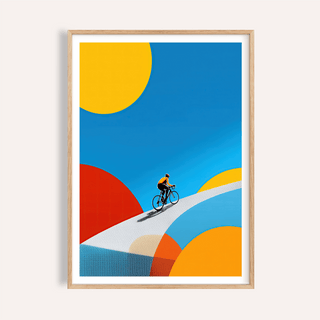 Bold geometric cyclist wall art poster with curved road and circle shapes