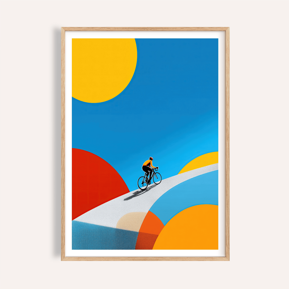 Bold geometric cyclist wall art poster with curved road and circle shapes