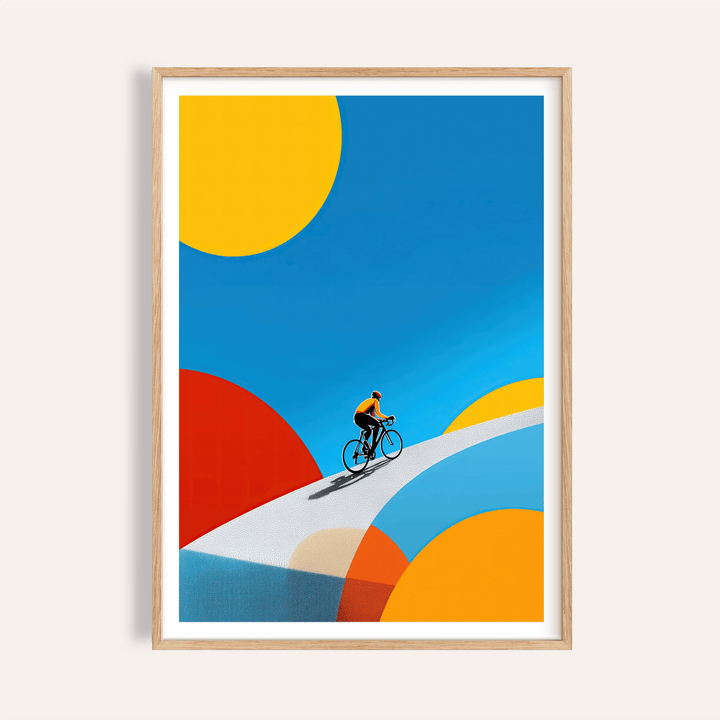 Bold geometric cyclist wall art poster with curved road and circle shapes