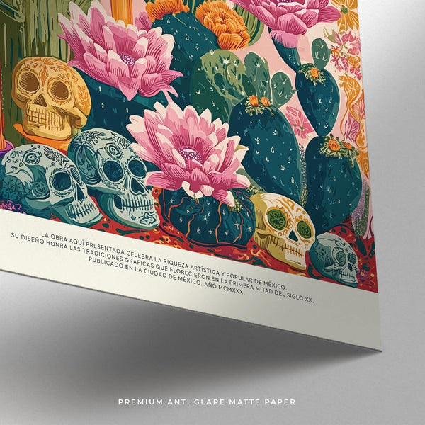 Festive scene with skulls and candles in Day of the Dead wall art.