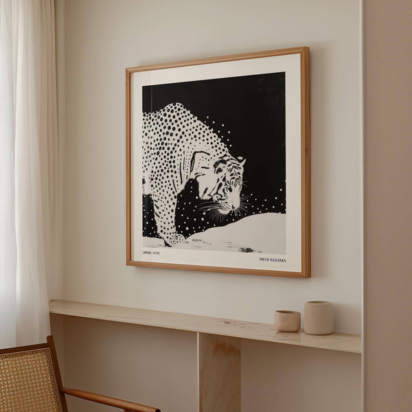 Minimalist interior with dramatic japanese tiger art wall print