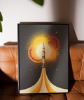 Rocket Launch Art Print in black and orange, perfect for living room decor