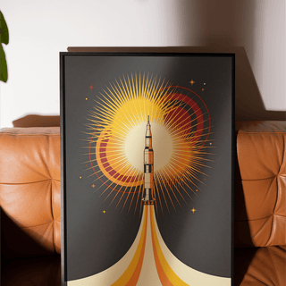 Rocket Launch Art Print in black and orange, perfect for living room decor
