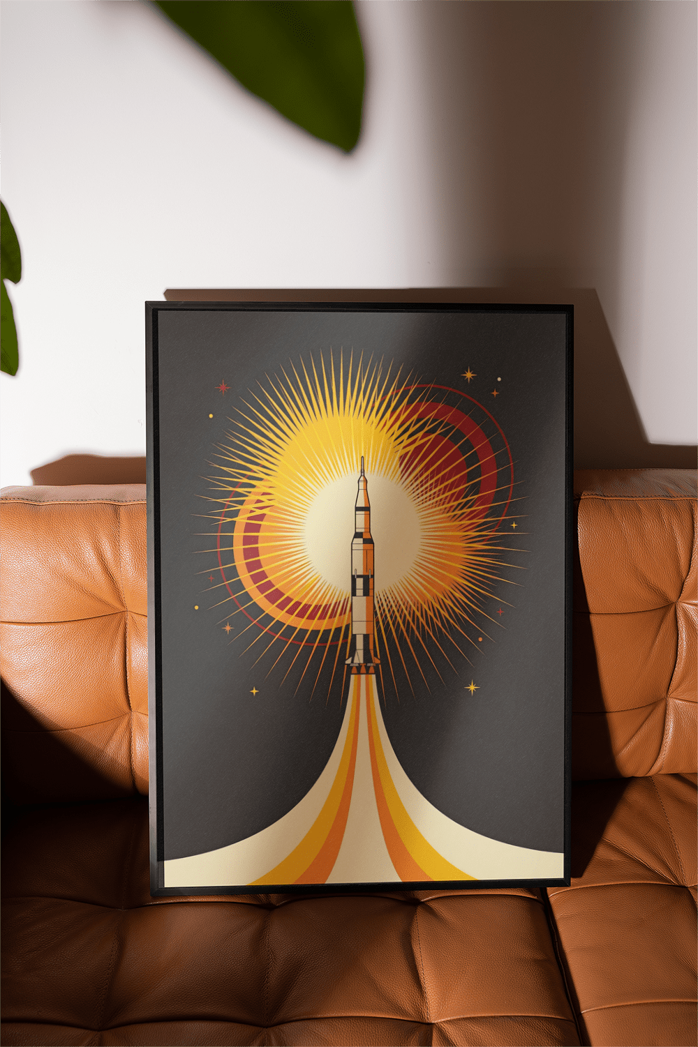 Rocket Launch Art Print in black and orange, perfect for living room decor