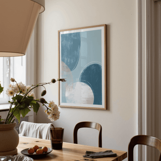 Balanced abstract print wall art with rounded forms and lightly distressed texture