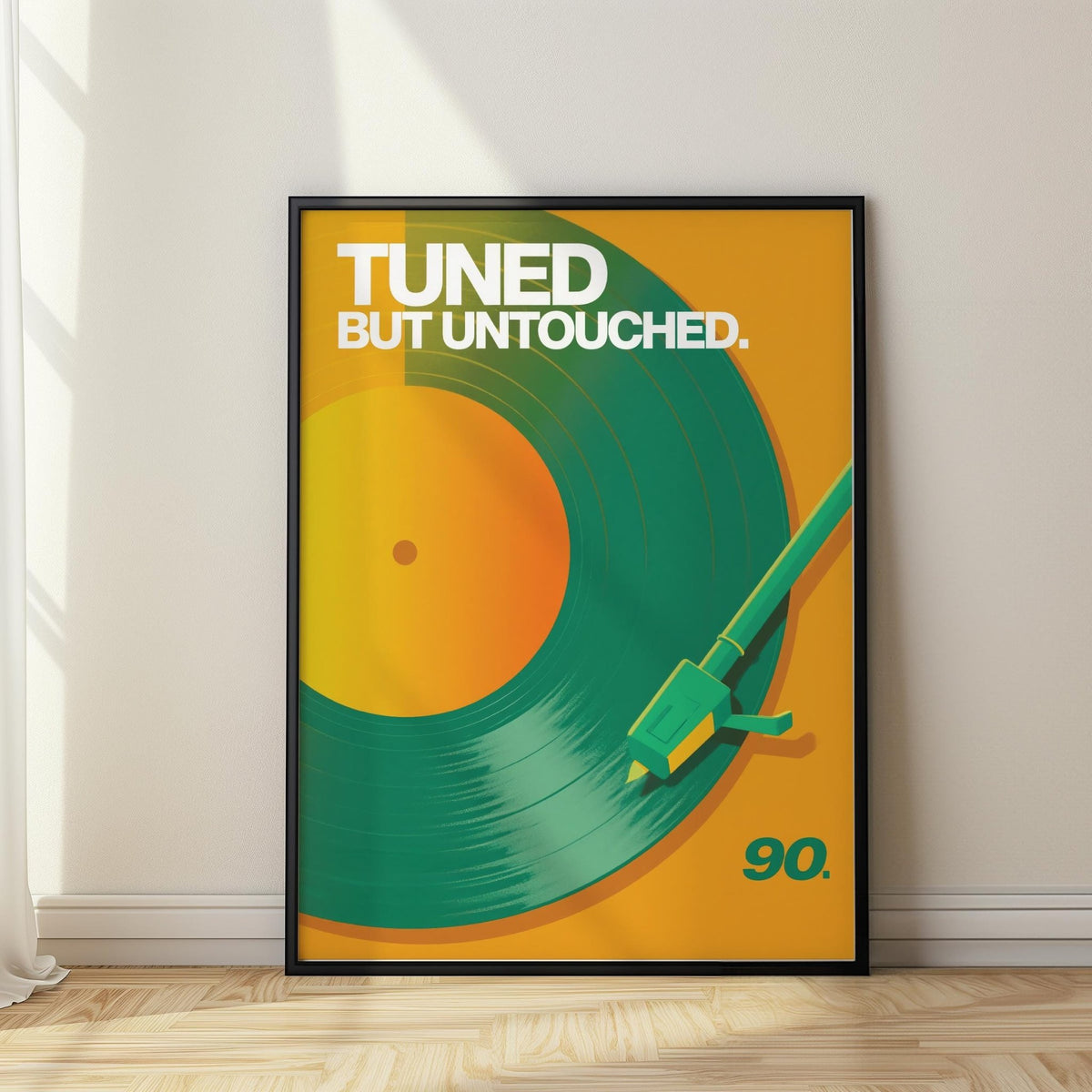 Bold vinyl record art print with green turntable on orange background.