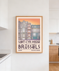 Capturing architectural wall art print with Saint-Cyr House signage, BELGIUM label, and facade drawn in clean outlines
