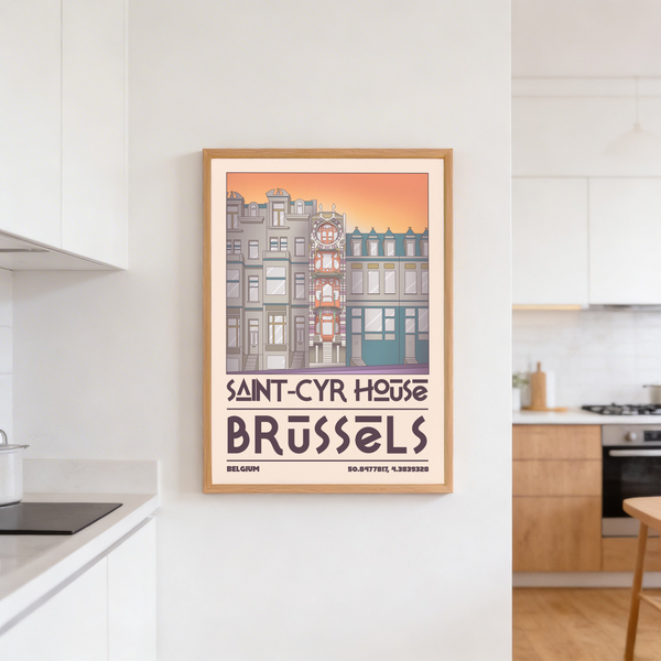 Capturing architectural wall art print with Saint-Cyr House signage, BELGIUM label, and facade drawn in clean outlines