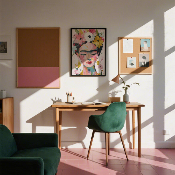 Detail of paintings of Frida Kahlo in a soft impressionist style.