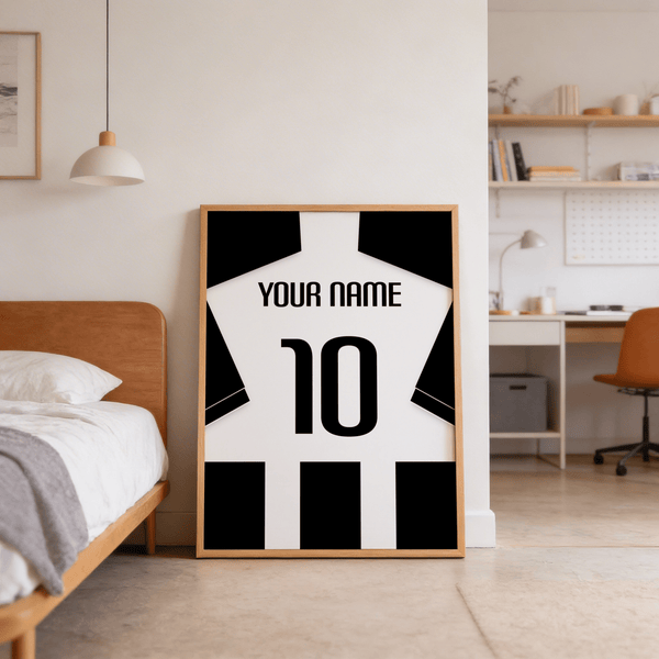 Typography-led Newcastle Football Shirt Poster featuring simplified shirt silhouette and striped lower section