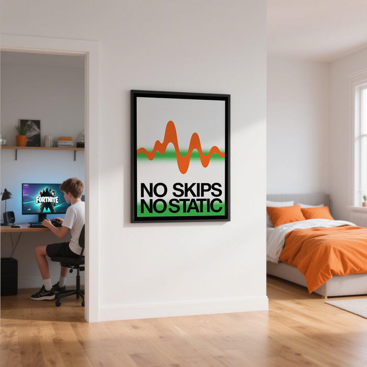 Retro Music Poster on a white wall with an orange waveform above black and green text in a bright bedroom
