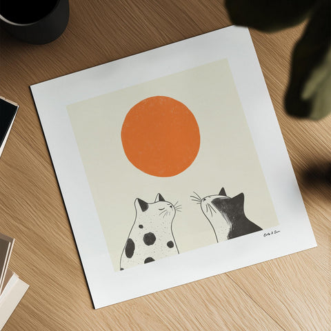 Minimalist wall poster featuring cats and sun.