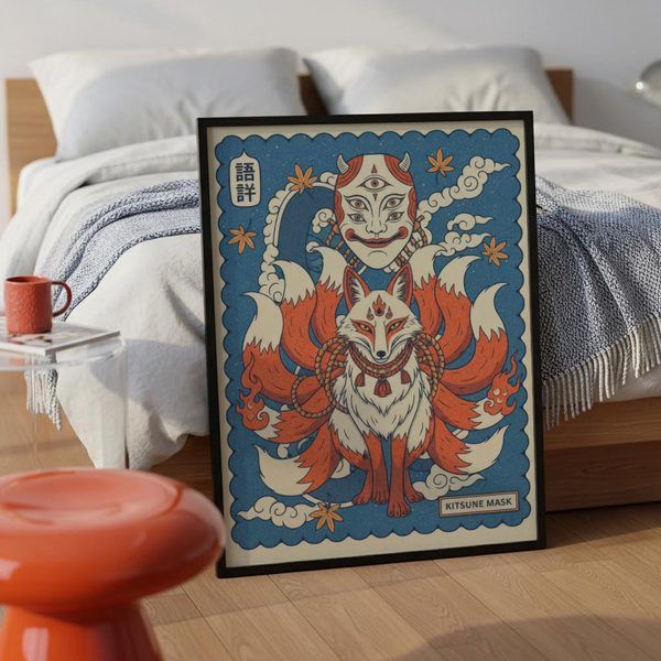 Close-up of fox spirit mask illustration with bold blue and red linework