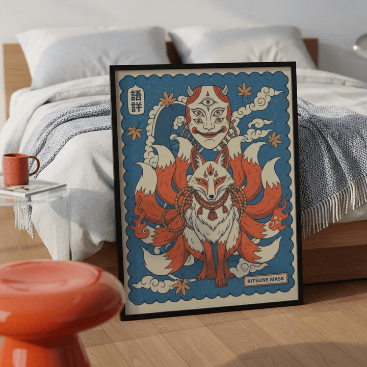 Close-up of fox spirit mask illustration with bold blue and red linework