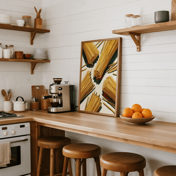 Colorful Spaghetti Wall Art print with yellow and beige tones for dining room