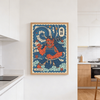 Illustrated poster print of an oni warrior centered in a bordered composition with wave forms