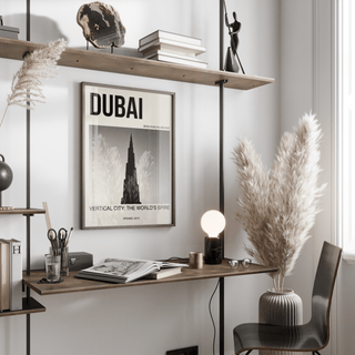 Top section of Burj Khalifa Art Print with bold DUBAI typography and small “Burj Khalifa Archive” text