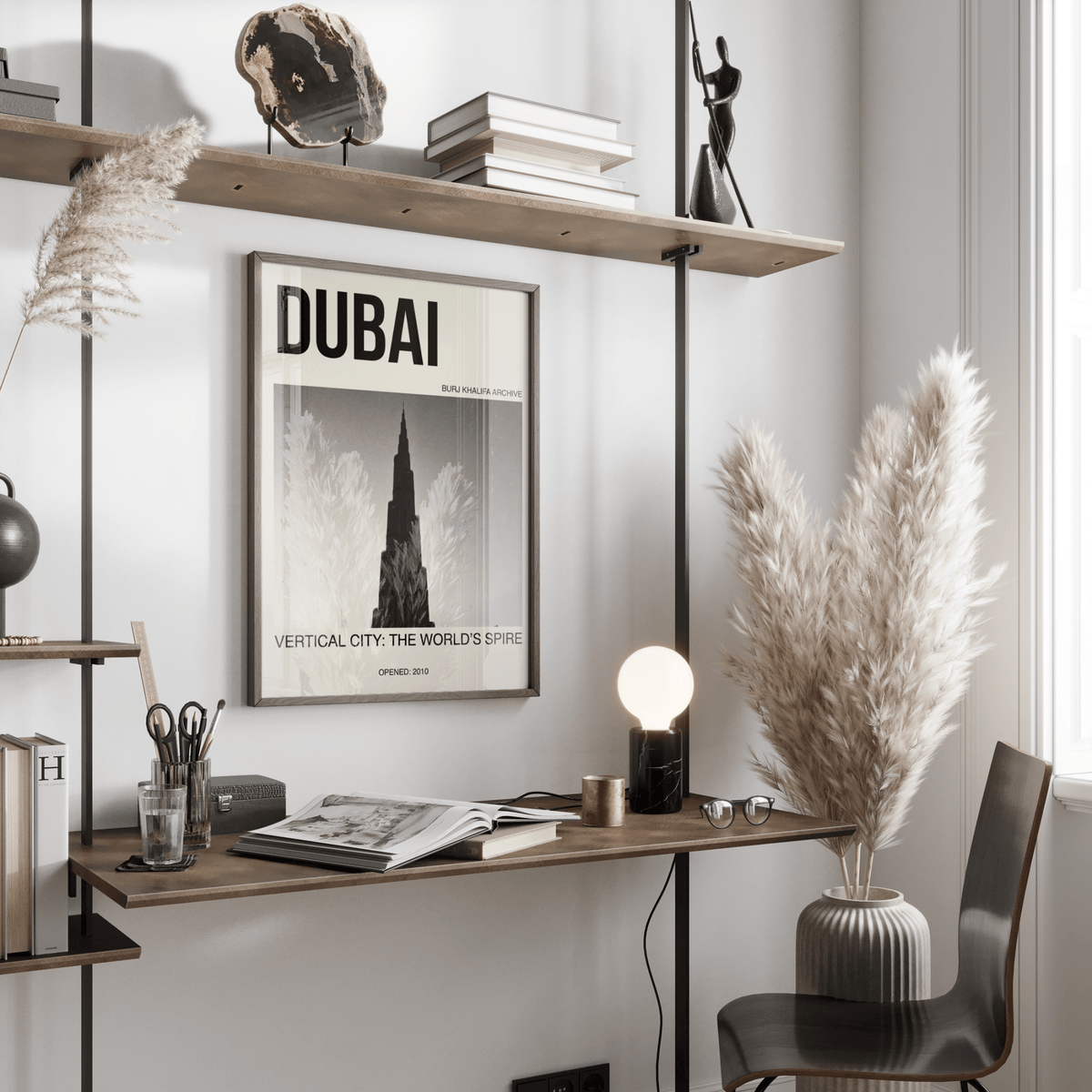 Top section of Burj Khalifa Art Print with bold DUBAI typography and small “Burj Khalifa Archive” text