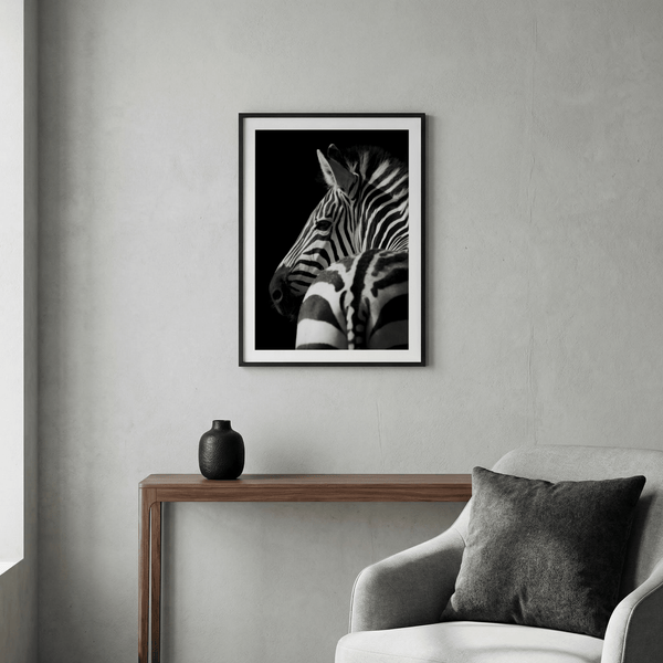 Minimal wildlife wall art print featuring zebra profile against dark backdrop