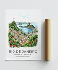 Scenic Rio travel print poster with layered hills, bay water, and sailboats