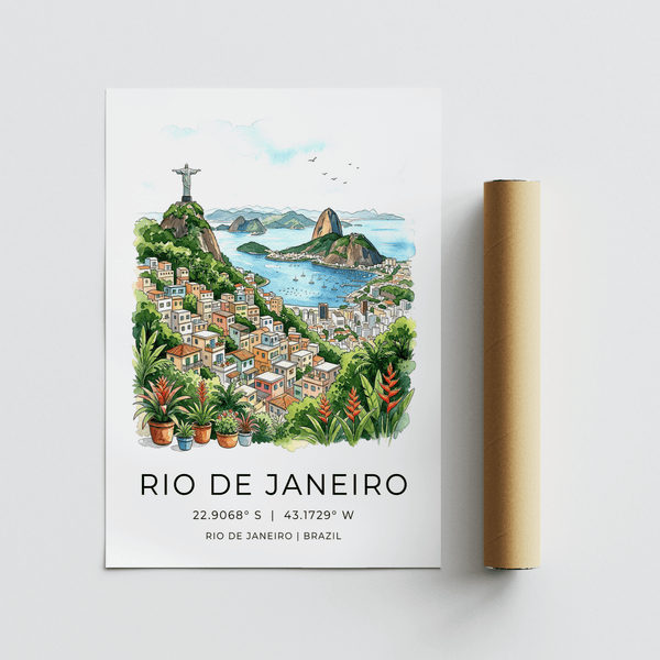 Scenic Rio travel print poster with layered hills, bay water, and sailboats