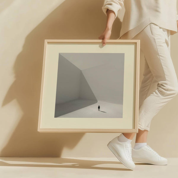 A surreal artwork featuring a lone figure standing in geometric shadows.