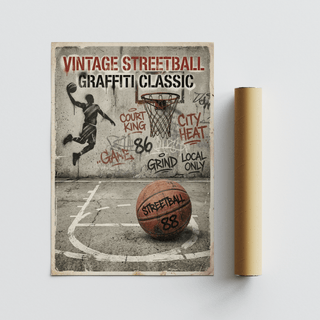 Orange, gray, beige sports print displaying court diagram and sprayed lettering