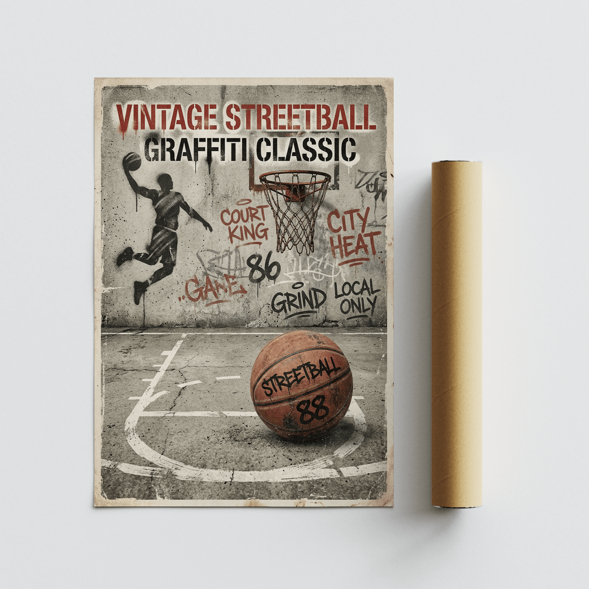 Orange, gray, beige sports print displaying court diagram and sprayed lettering