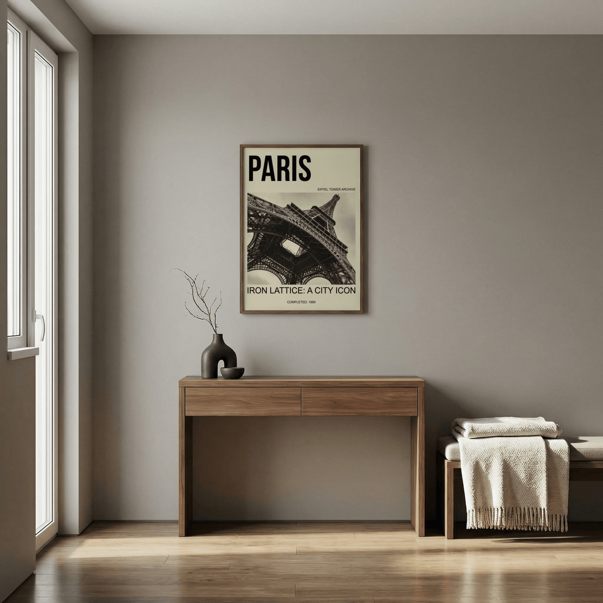 Monochrome city landmark poster showing Eiffel Tower from below