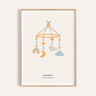 Personalised Baby Poster in blue, orange, beige for nursery art print