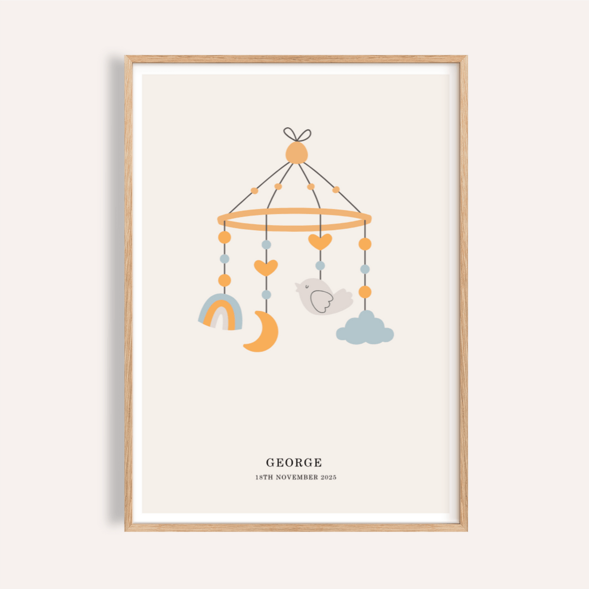 Personalised Baby Poster in blue, orange, beige for nursery art print