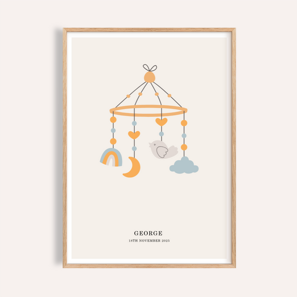 Personalised Baby Poster in blue, orange, beige for nursery art print