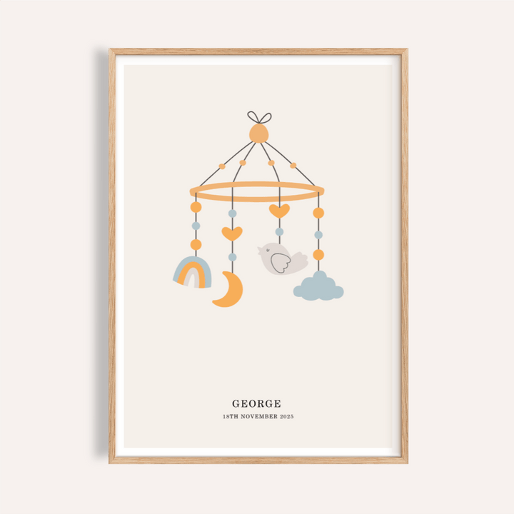 Personalised Baby Poster in blue, orange, beige for nursery art print