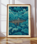 Clouded sky above lotus pond poster print with arched bridge and blossoms