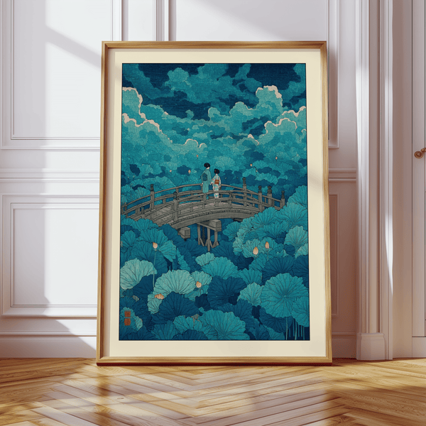 Clouded sky above lotus pond poster print with arched bridge and blossoms