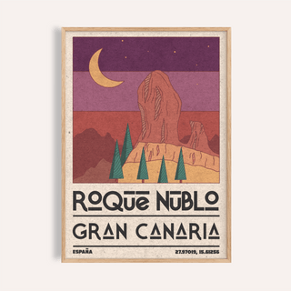 Framed Roque Nublo wall art with retro illustration of a rock formation and crescent moon