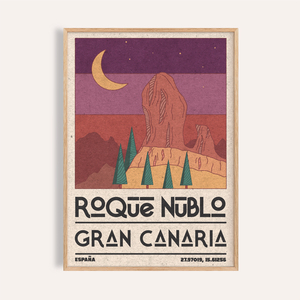 Featuring Roque Nublo Wall Art travel poster with crescent moon and rock monolith